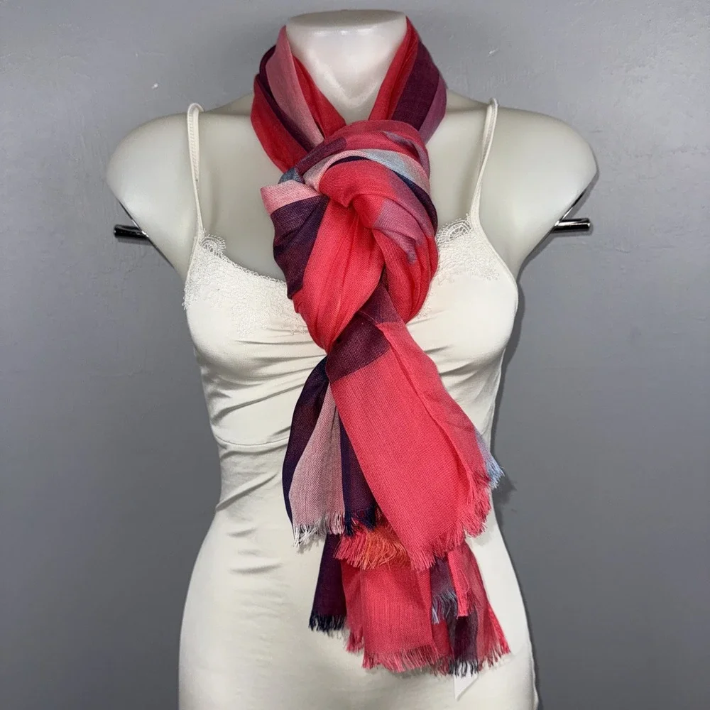 Tommy Hilfiger Lightweight Check Rectangular Scarf  Eyelash Fringe Multicolored